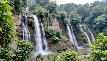 Majestic Waterfalls Cascading Through Lush Greenery in a Serene Natural Setting