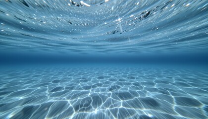 Crystal Clear Underwater Scene with Gentle Waves and Sunlight Streaming Through the Ocean Surface