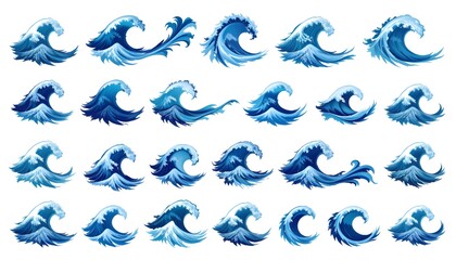 Collection of Ocean Waves in Varying Styles and Shades of Blue against a White Background