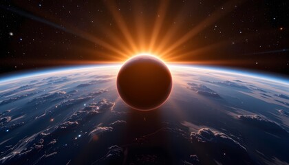 Stunning View of Earth During Sunrise with Radiating Light and Celestial Atmosphere from Space