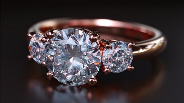 A rose gold engagement ring with a large round diamond on a black background.