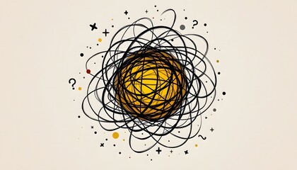 Abstract Yellow Sphere Surrounded by Chaotic Black Lines and Stars Representing Complexity