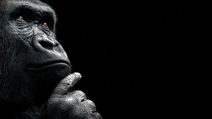 Fototapeta premium A gorilla with a thoughtful expression, looking up against a black background.