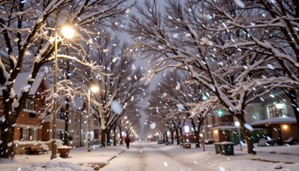 Naklejka premium Snowy Winter Street Scene at Night with Streetlights and Falling Snowflakes in a City