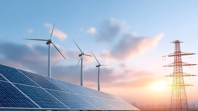 A modern landscape featuring solar panels and wind turbines generating clean power juxtaposed with traditional electricity infrastructure and illuminated by a warm sunset - Powered by Adobe