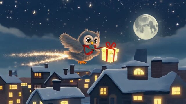 Animated video of a fluffy baby owl wearing a tiny mailbag, flying low over snowy village rooftops at night, carrying a glowing Christmas gift under a huge full moon.