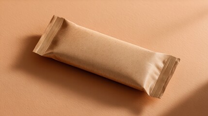 A brown snack bar packaging isolated on a brown background surface.