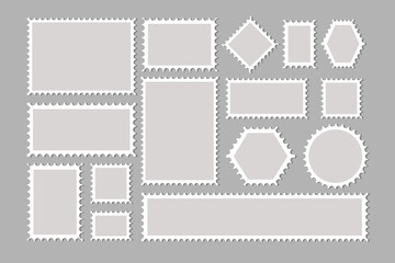 Set of postage stamps. Post stamp for mail, postcard, letter. Jagged wavy edge forms. Vintage objects for poster, banner, badge, sticker. Vector.  Letter stamps with perforated edges. 