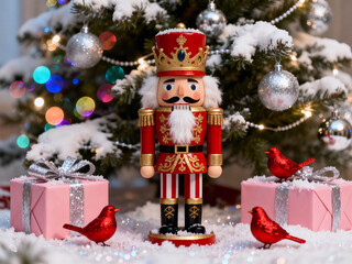 Classic Christmas Nutcracker with Red Gifts and Festive Tree