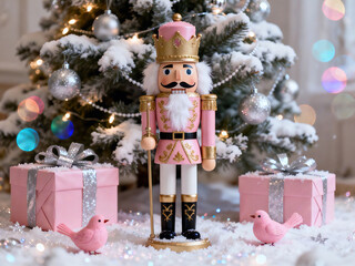Christmas Nutcracker with Pink Gifts and Festive Tree Decor