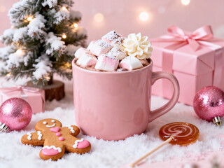 Pink Hot Chocolate Mug with Marshmallows and Christmas Treats