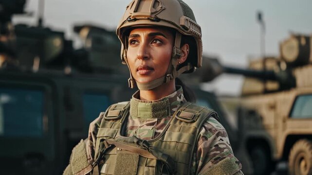 Courageous female soldier in military uniform with helmet, symbolizing strength and bravery in armed forces operations