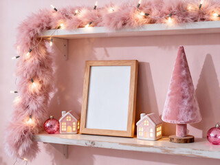 Pink Christmas Frame Mockup on Shelf with Festive Decor