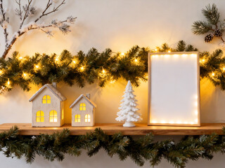 Christmas Frame Mockup with Warm Garland Lights and Cozy Shelf Decor