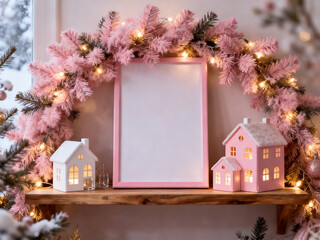 Pink Christmas Frame Mockup with Festive Garland and Mini Houses