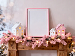 Pink Christmas Frame Mockup with Festive Garland and Cozy Fireplace Decor