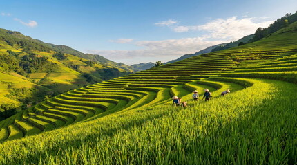 Vietnam terraced rice fields on blue sky. Mu Chang Chai, beautiful  asian landscape. Banner