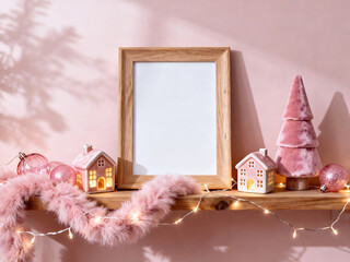 Pink Christmas Frame Mockup with Festive Garland and Mini Houses
