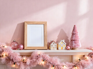 Pink Christmas Frame Mockup with Festive Garland and Cozy Shelf Decor