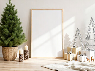 Christmas frame mockup with tree and festive decor