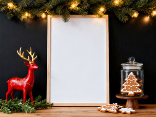 Christmas frame mockup with reindeer and gingerbread cookies