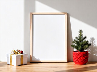 Christmas frame mockup with gift and mini tree