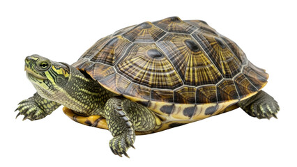 Fototapeta premium Close-up of a green and brown freshwater turtle isolated PNG with Transparent Background