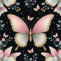 Glittered Pink & Blue Butterfly Floral Pattern