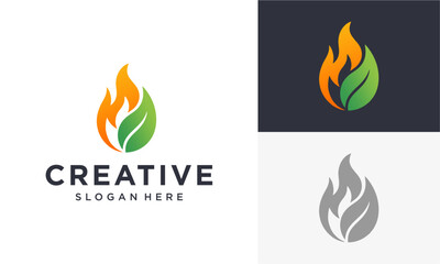 A creative logo design combining a vibrant orange flame and a green leaf, symbolizing nature, energy, and growth, presented with variations.