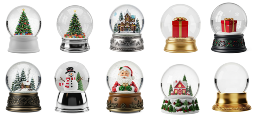 Collection of A snow globe with various Christmas figure inside, decorated with ornaments and a star on transparent background png