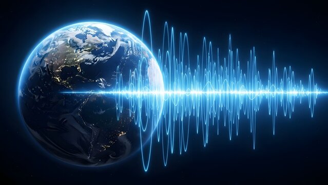 Earth with glowing blue sound wave visualization across its surface planet globe - Powered by Adobe