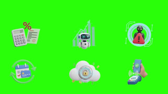 AI trading bot contactless payment tax calculation subscription billing fraud detection and cloud banking secure 3D fintech icon collection set