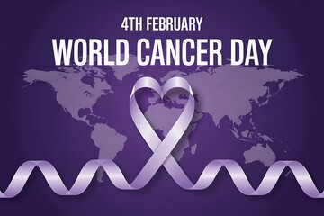 World cancer day, february 4, awareness ribbon in heart shape on world map background