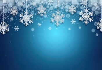 Blue winter or Christmas background with beautiful snowflakes, greeting card or poster template with space for text
