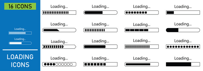 Set of vector loading bar silhouette icons. Download progress. Load bar collection on white background. Percentage loading bar infographic icon. Vector illustration.