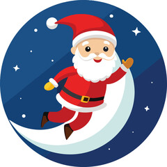 Santa claus cheerfully running across a crescent moon in a winter scene