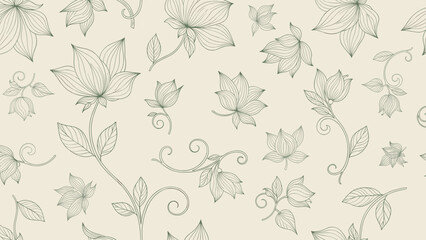 Seamless pattern with delicate handdrawn sketch of blooming flowers and leaves on light beige background