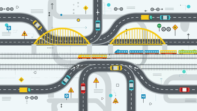 Complex transportation system with roads, bridges, and train tracks interchange
