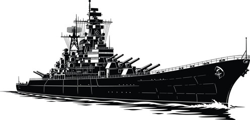 Battleship silhouette, Soviet warship, naval power, military vessel, sea warfare, armed ship, radar mast, vector illustration, black isolated design © MSTMUNMUN