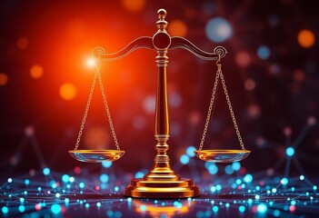 Abstract digital network nodes forming a legal scale of justice,  balance,  code