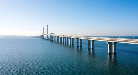 Naklejka premium Modern long concrete bridge spanning across the vast blue ocean water on a clear sunny day, representing seamless travel and infrastructure connection
