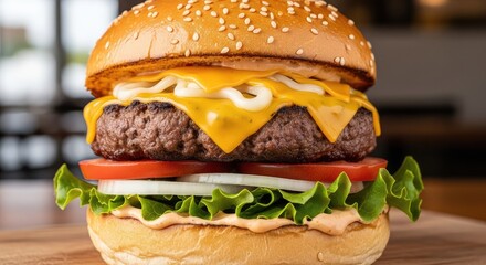Delicious cheeseburger with fresh lettuce, tomato, and onion - perfect for mouthwatering food ads and restaurant menus, a culinary delight