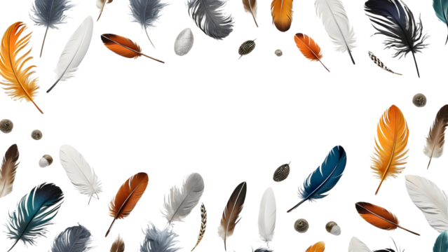 Colorful Assortment of Decorative Feathers Forming a Border on Transparent Background - Powered by Adobe
