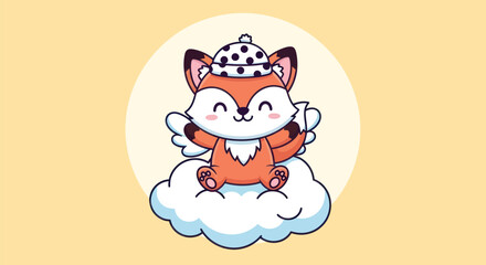 Cartoon fox character wearing a hat sitting on a cloud against a yellow backdrop