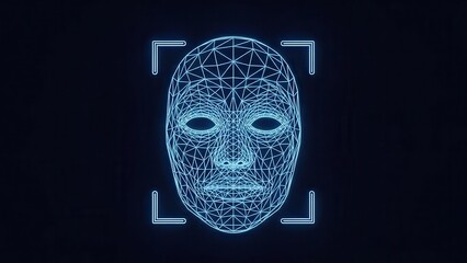 Futuristic digital face recognition technology scanning a glowing blue wireframe human head with biometric identification markers on a dark background