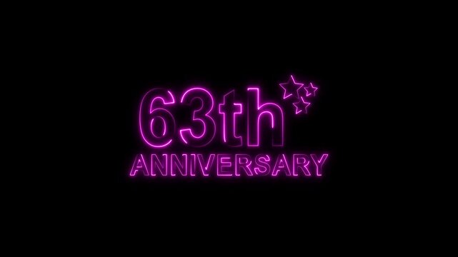 A vibrant purple neon sign illuminates a dark background, proudly displaying 63th anniversary with stylized glowing stars, symbolizing a significant twoyear milestone celebration or event with a moder