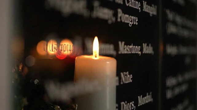 Remembrance Candle Burning Against Inscribed Names Memorial