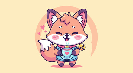 Cartoon fox with a mug enjoying a drink on a pastel background