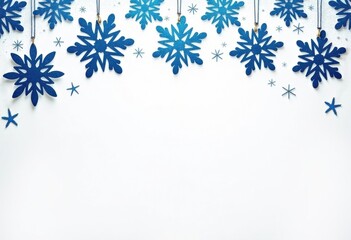 White winter or Christmas background with blue beautiful snowflakes, greeting card or poster template with space for text