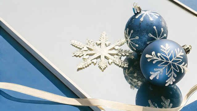 A pair of elegant blue Christmas ornaments decorated with white snowflake patterns rests beside a shimmering snowflake decoration on a reflective surface, creating a beautifully coordinated winter hol